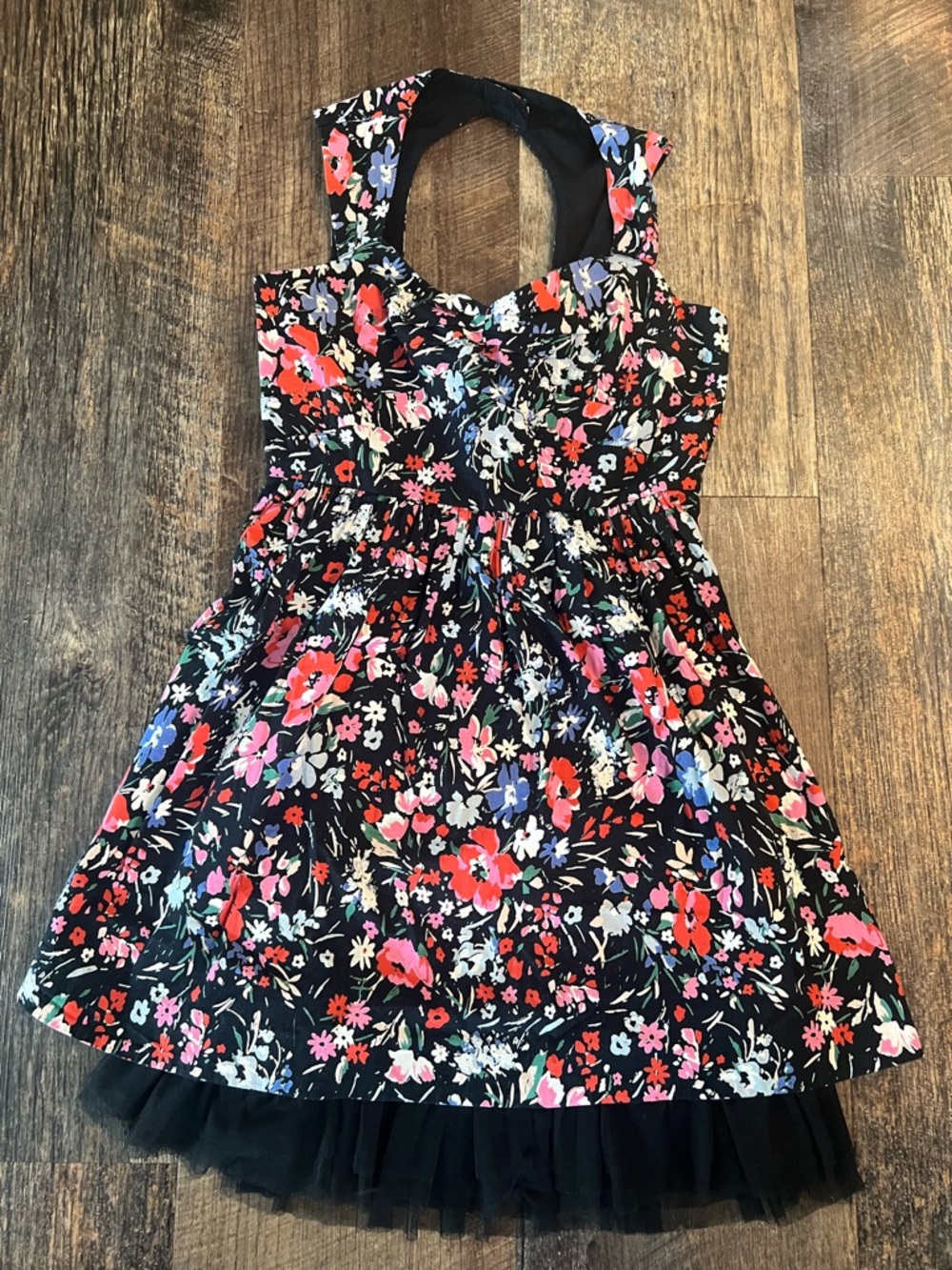 Black Floral Halter Dress with Tulle Hem